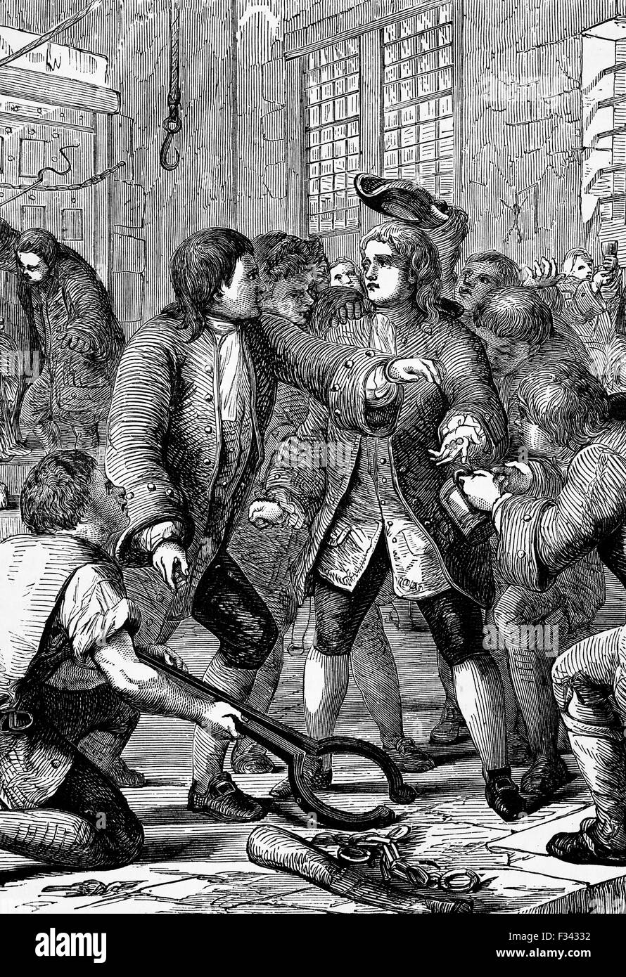 A debtor being received in the Fleet Prison. During the reign of George II, the prison was mainly used for debtors and bankrupts. Stock Photo