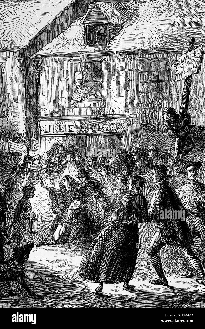 On February, 1770, angry rioters surrounded the house of Ebenezer Richardson, a customs informer in Boston, threw clods of dirt, broke his front door. Ebenezer Richardson fired his gun and killed an 11 year old  Christopher Snider. Stock Photo