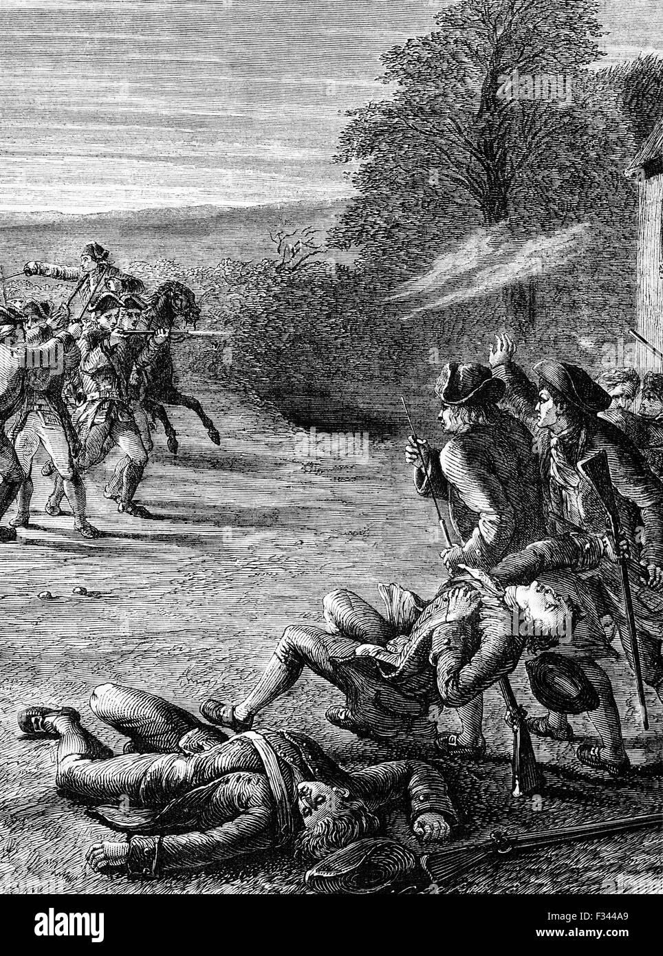 Skirmishes at Lexington, the first military engagements of the American Revolutionary War fought on April 19, 1775.  This and later battles marked the outbreak of open armed conflict between the Kingdom of Great Britain and its thirteen colonies in the mainland of British North America. Stock Photo