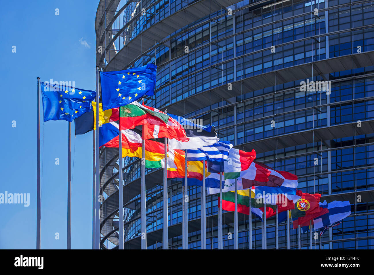 Flags of countries in Europe in front of the European Parliament / EP at Strasbourg, France Stock Photo