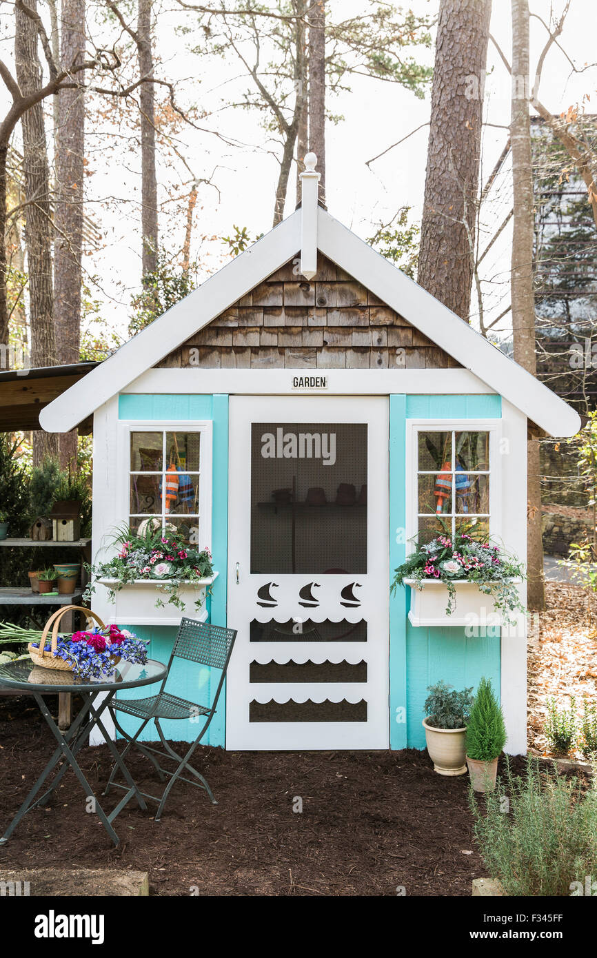 a blue garden shed Stock Photo