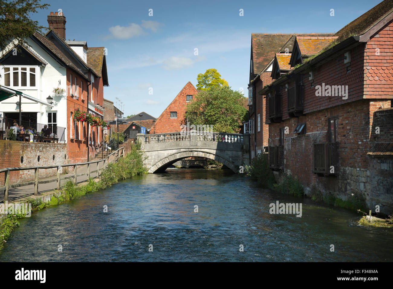 The river Itchen flowing the Winchester town center. Stock Photo