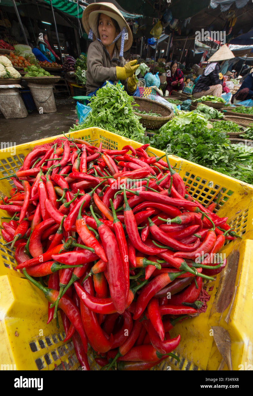 chillies in Dong Ba Market, Hue, Vietnam Stock Photo