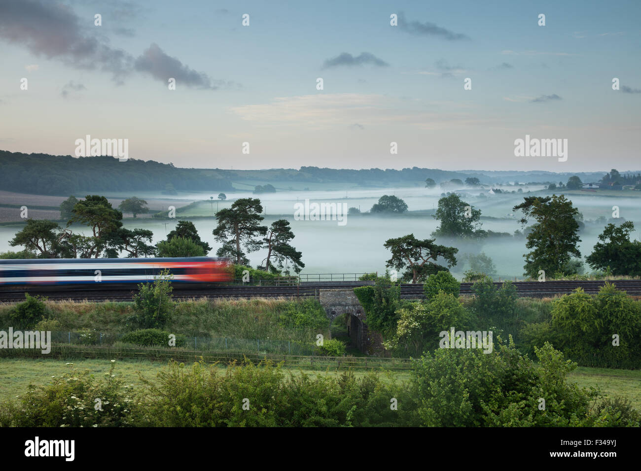 the London Waterloo to Exeter train passing Milborne Wick on a misty summer's morning, Somerset, England, UK Stock Photo