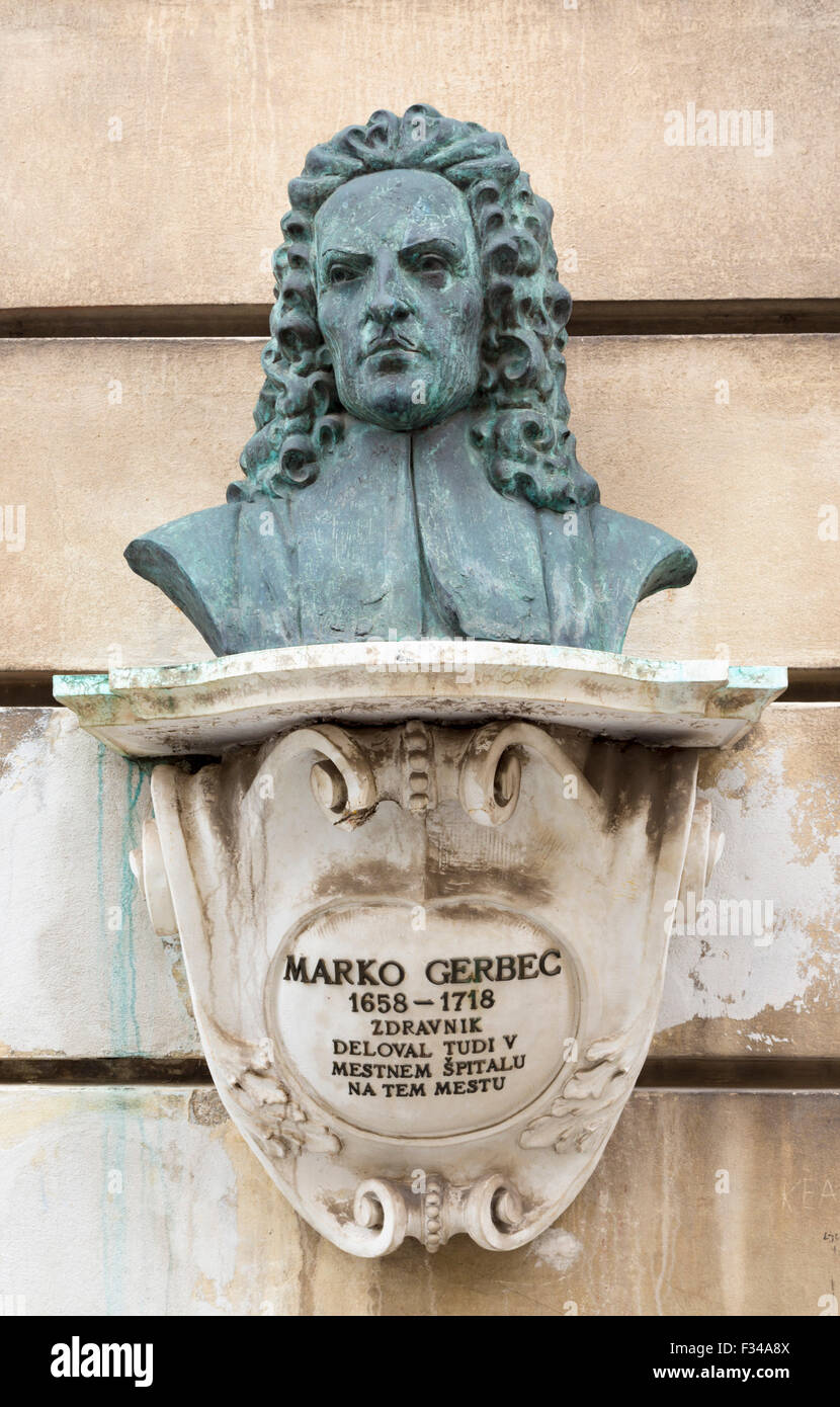 Ljubljana, Slovenia.  Bust outside the Kresija Gallery of Marko Gerbec, 1658 - 1718, Carnolian physician. Stock Photo