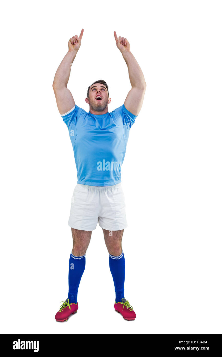 Rugby player cheering and pointing Stock Photo