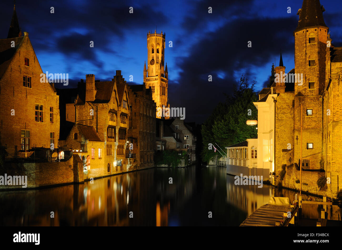 Evening view of the city from the Rozenhoedkaai in Bruges, West-Vlaanderen, Belgium Stock Photo