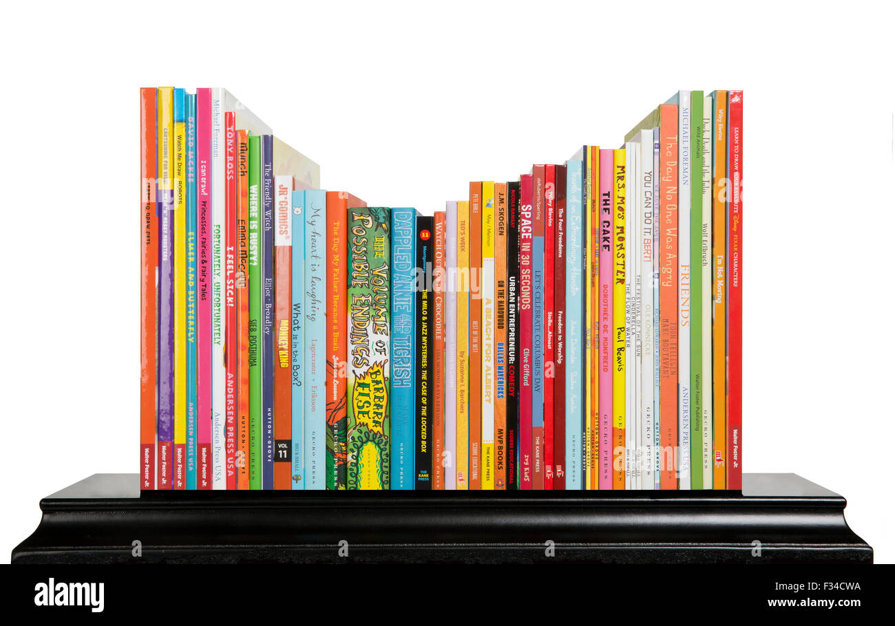 Bookshelf with a color assortment of Lerner Publishing Group books Stock Photo