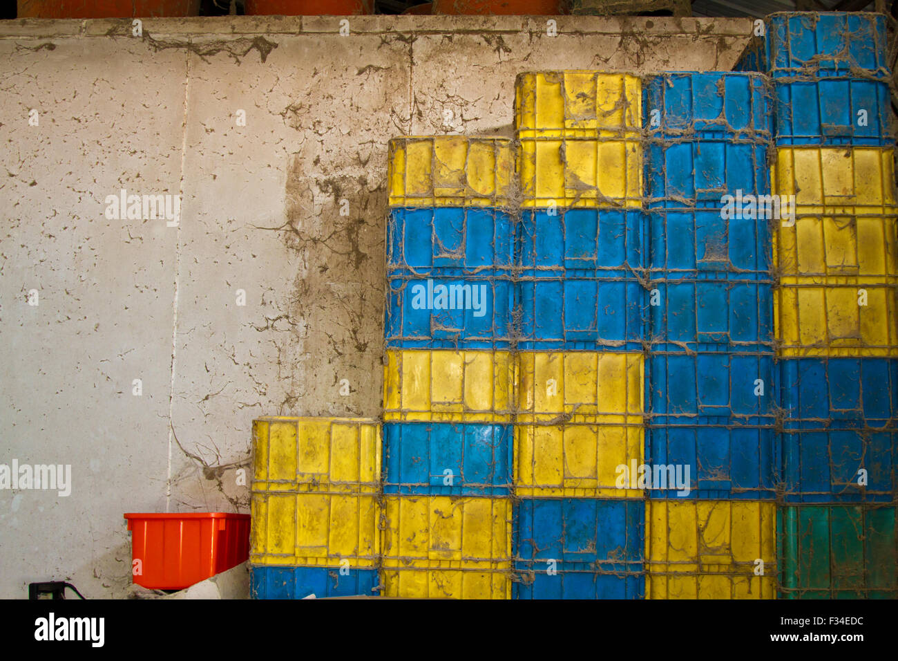 many dust on Bright Color Plastic Containers Piles. Horizontal shot Stock Photo
