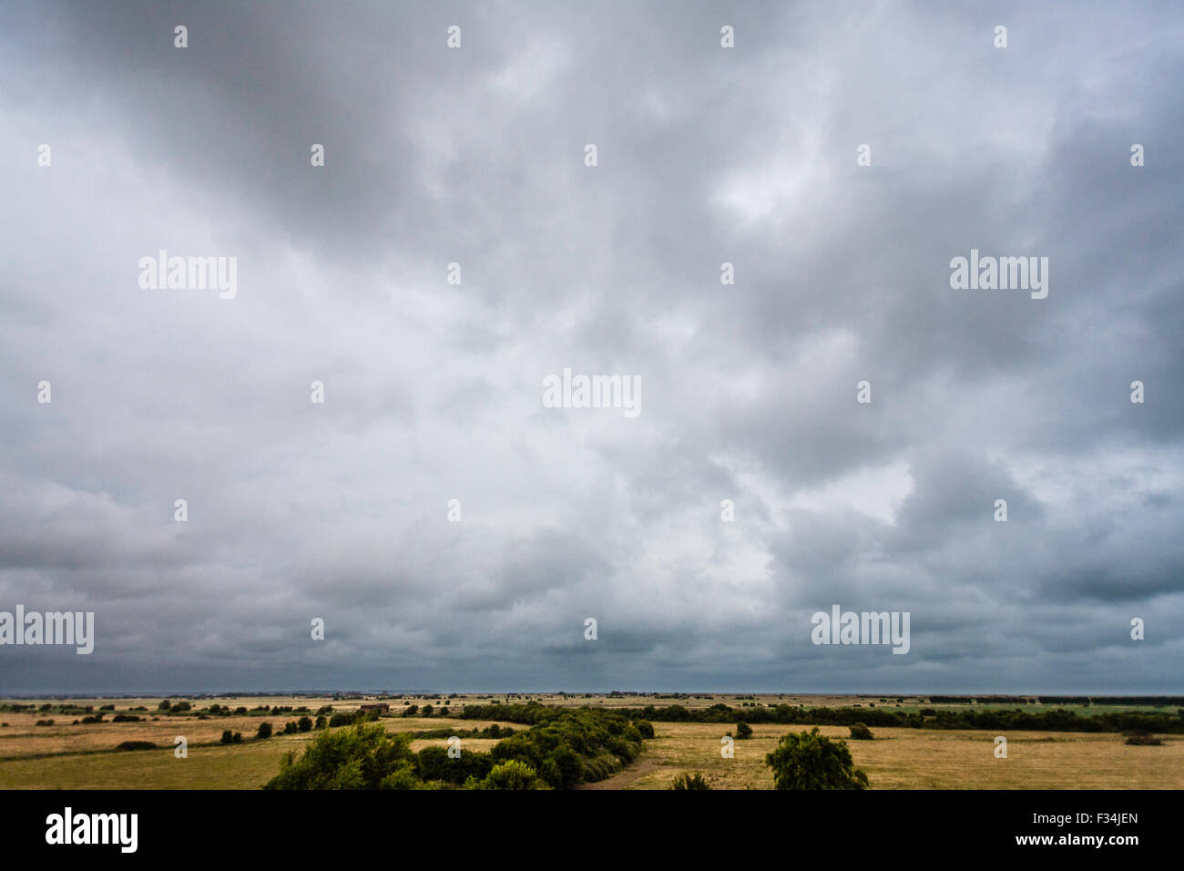 The lowland between Deal and Sandwich seen from vantage point at betteshanger park. Horizon very low in the frame with dark storm clouds overhead. Stock Photo