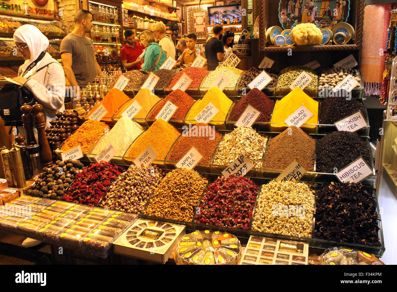 Spice shop at the Spice Bazaar in Istanbul, selective focus Stock Photo
