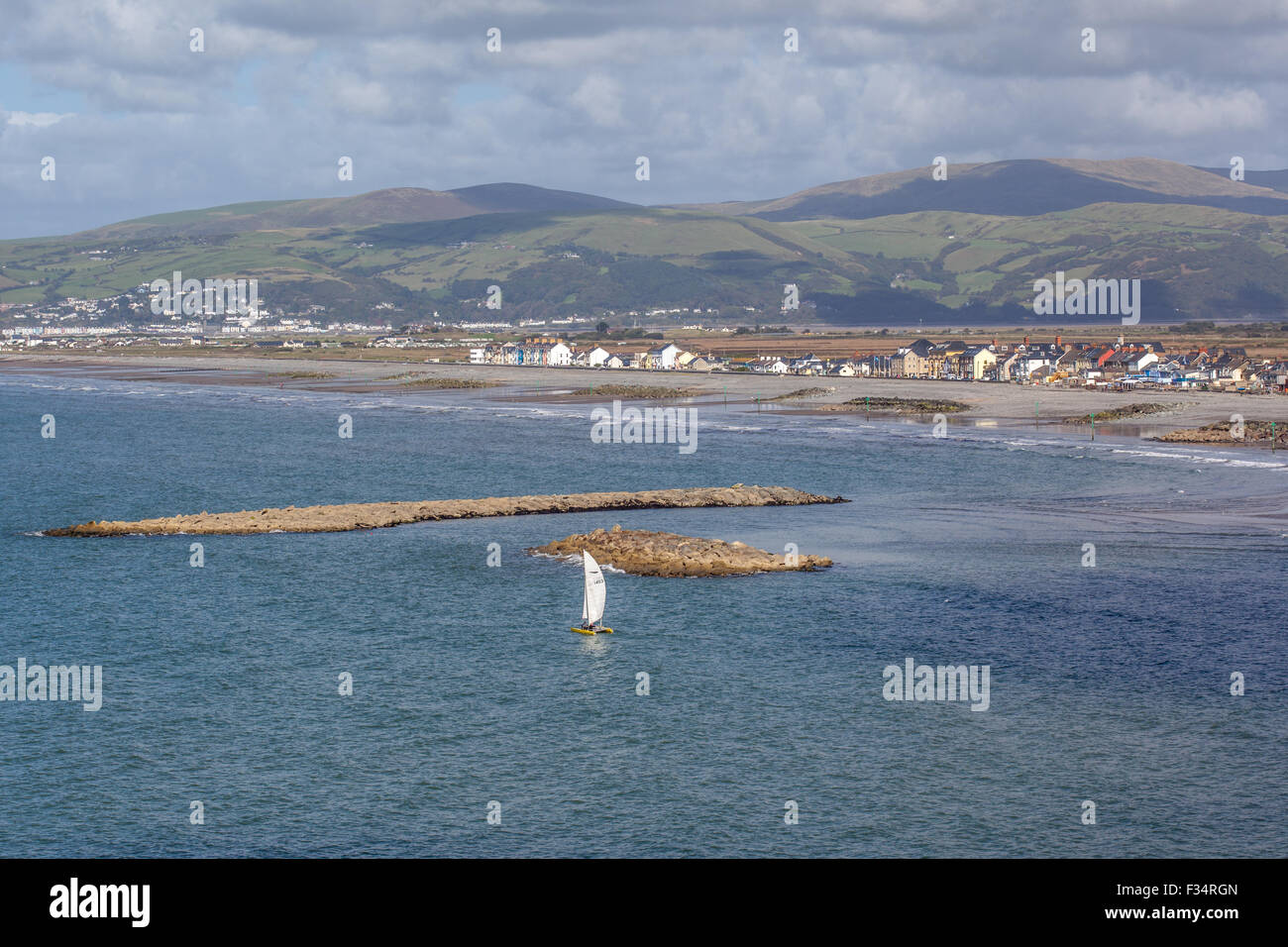 Overlooking Borth Beach and sea defenses in Ceredigion Wales UK 2015 Stock Photo