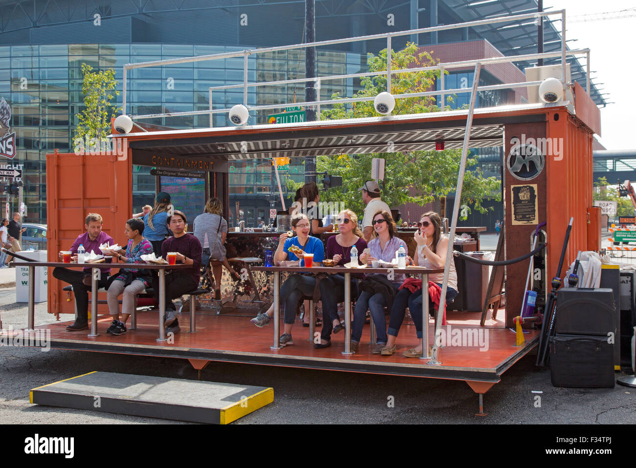 Grand Rapids, Michigan - A shipping container converted to a bar/restaurant during the annual ArtPrize festival. Stock Photo