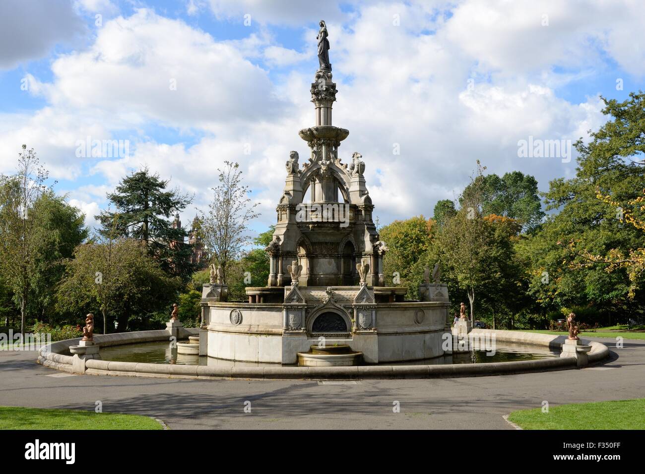 A prominent landmark in Glasgow’s Kelvingrove Park, the Stewart Memorial Fountain was commissioned to commemorate Lord Provost Robert Stewart Stock Photo