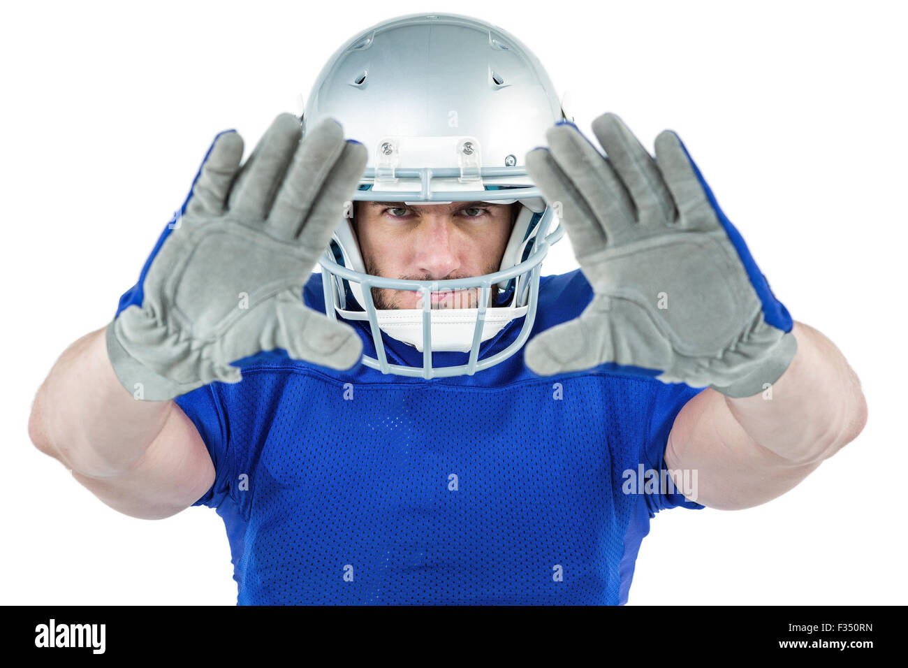 Portrait American football player defending Stock Photo