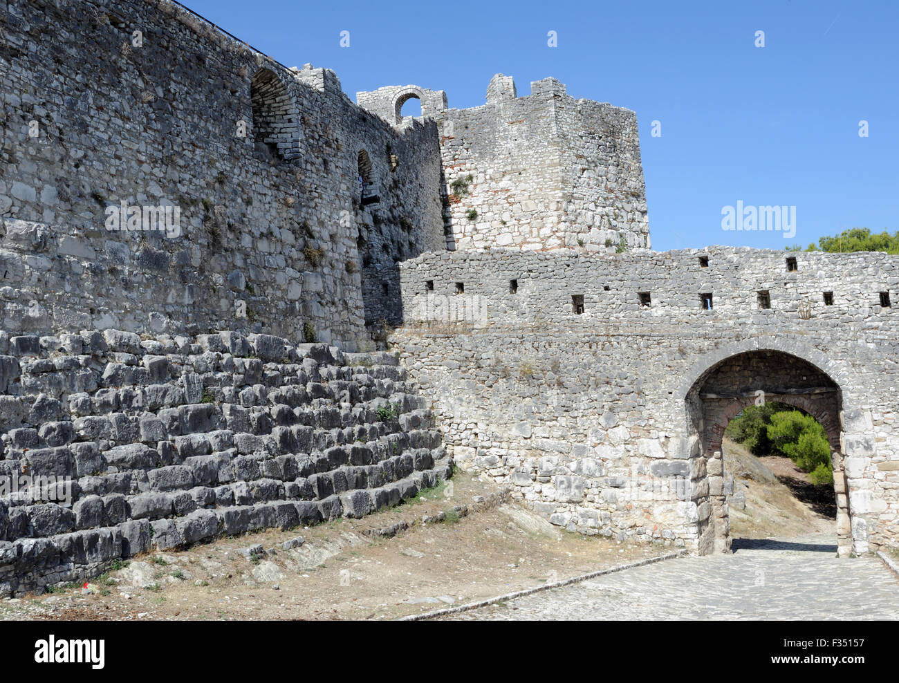 Arched gateway in the walls of the thirteenth century Berat Castle, Kalaja e Beratit.  Berat Castle is a world heritage site. Stock Photo