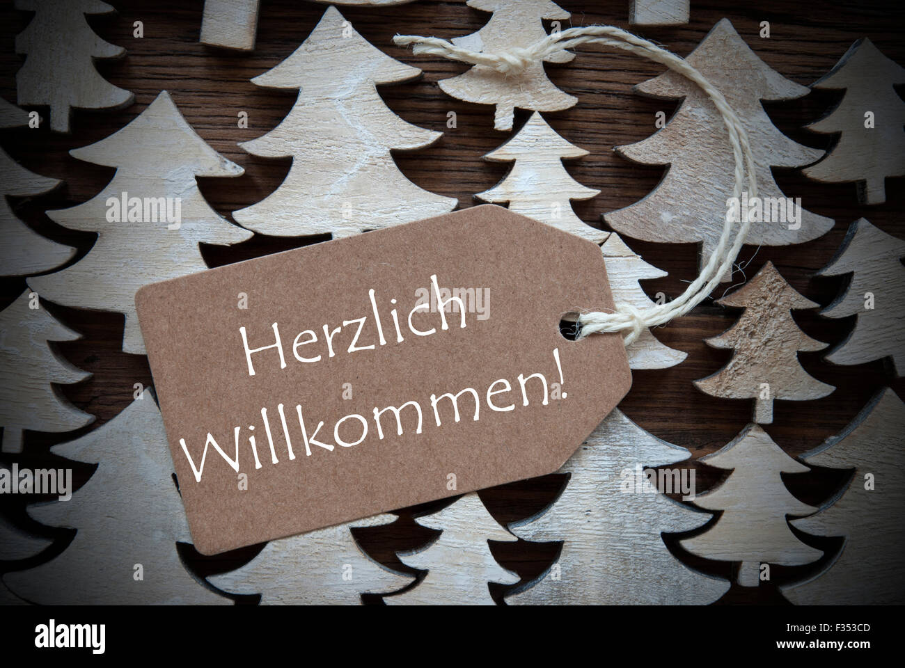 Brown Christmas Label Willkommen Mean Welcome Stock Photo