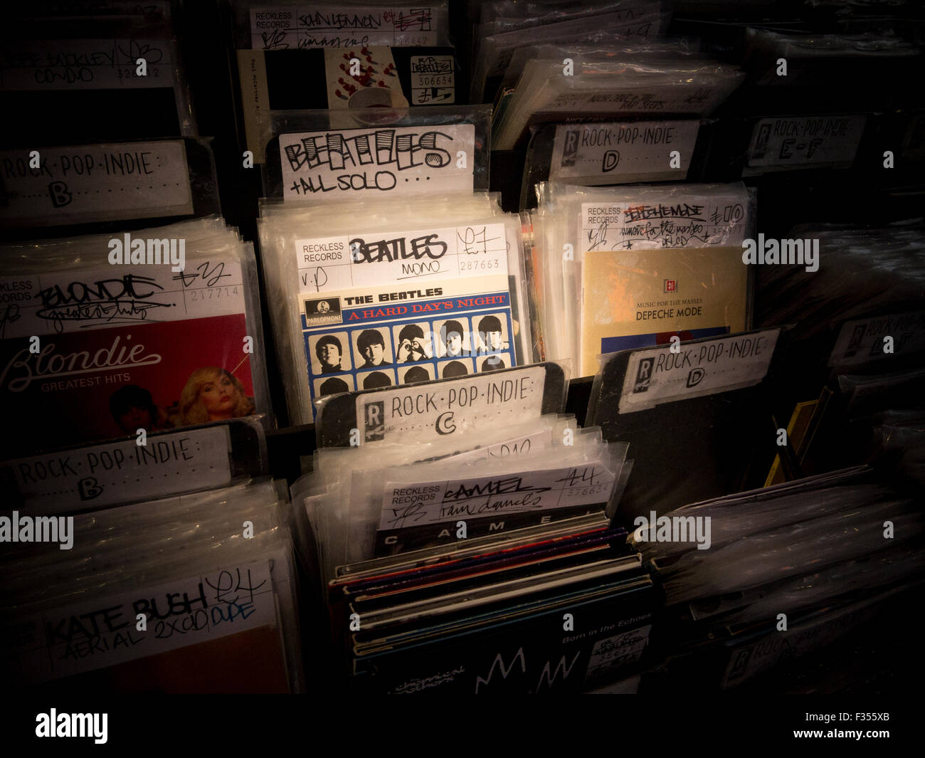 vinyl and CDs in a record shop Stock Photo