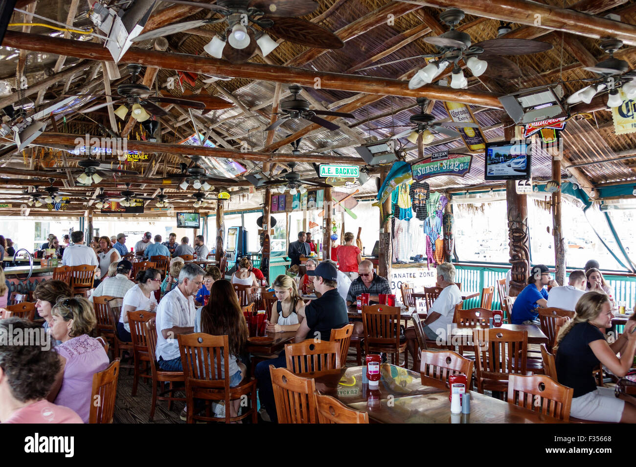 Fort Ft. Pierce Florida,City Marina,Original Tiki Bar & restaurant,seafood,restaurant restaurants food dining cafe cafes,interior inside,tables,custom Stock Photo
