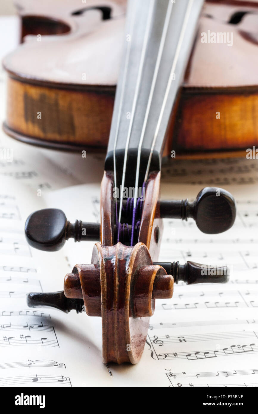 A restored Thouvenel violin, Paris circa 1800. The Scroll, stings and tuning pegs set against a background of sheet music in natural light. Stock Photo