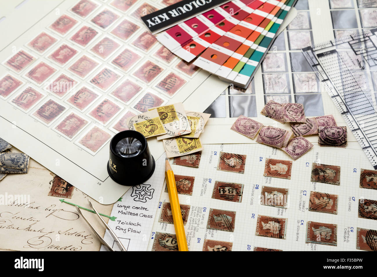 Philately, stamp collecting. Album sheets of Victorian Penny Red stamps