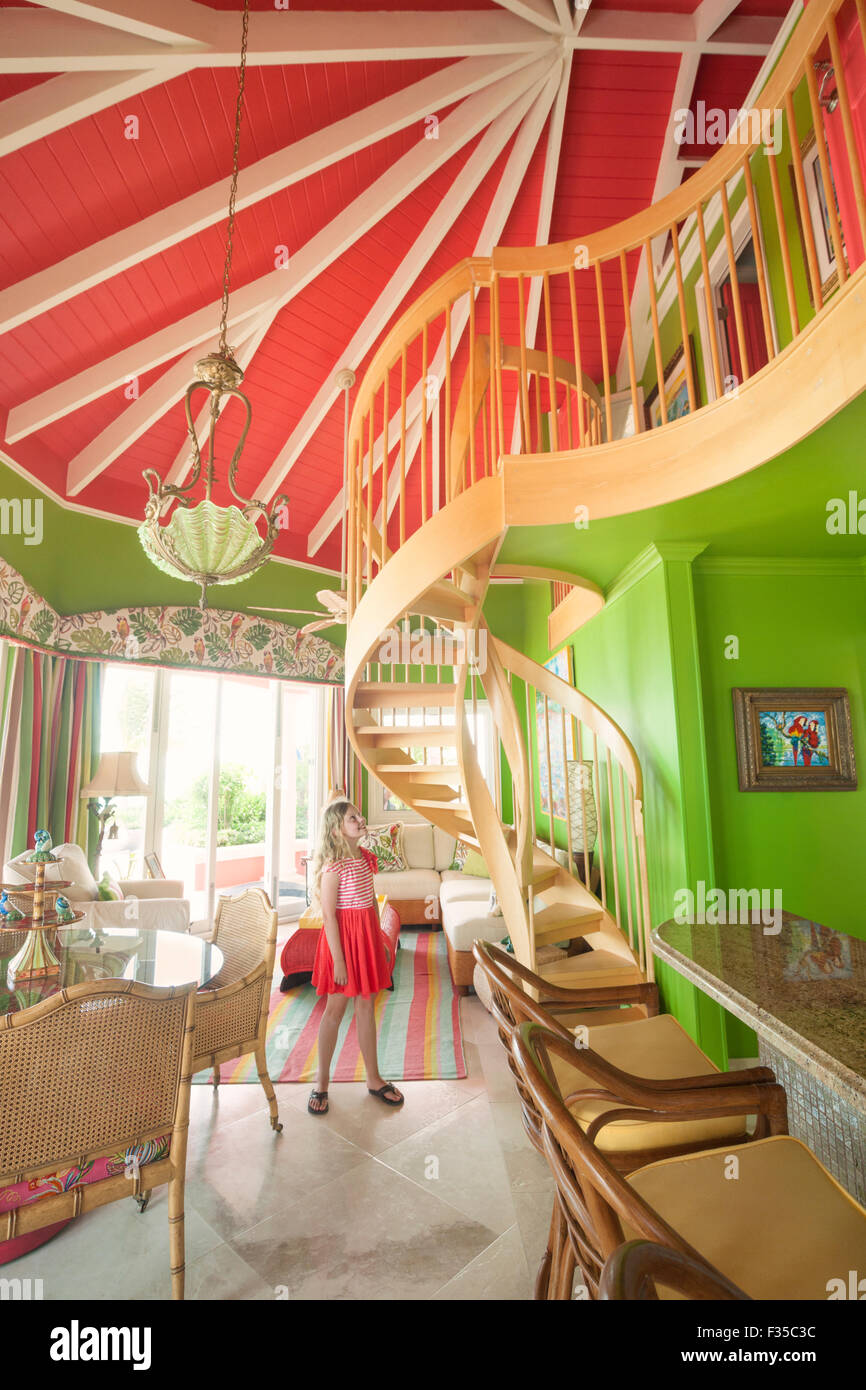 Tropical colored interior of a villa, Caribbean architecture, Providenciales, Caicos, Turks & Caicos Islands Stock Photo