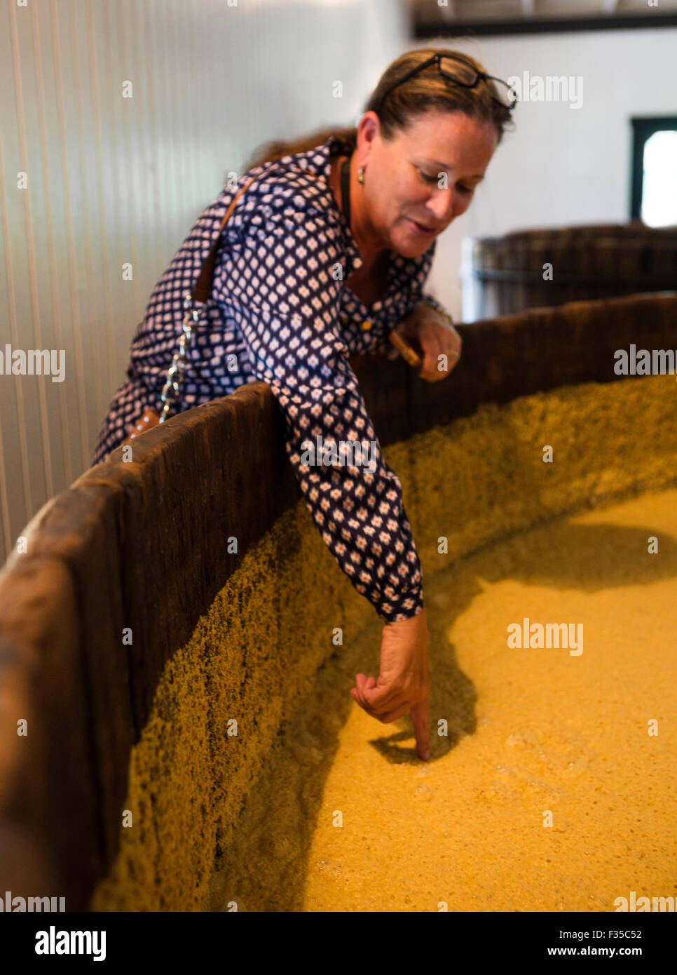 A female tourist sticks her finger in a vat to taste the bourbon being distilled at Maker's Mark Bourbon distillery, Kentucky Stock Photo