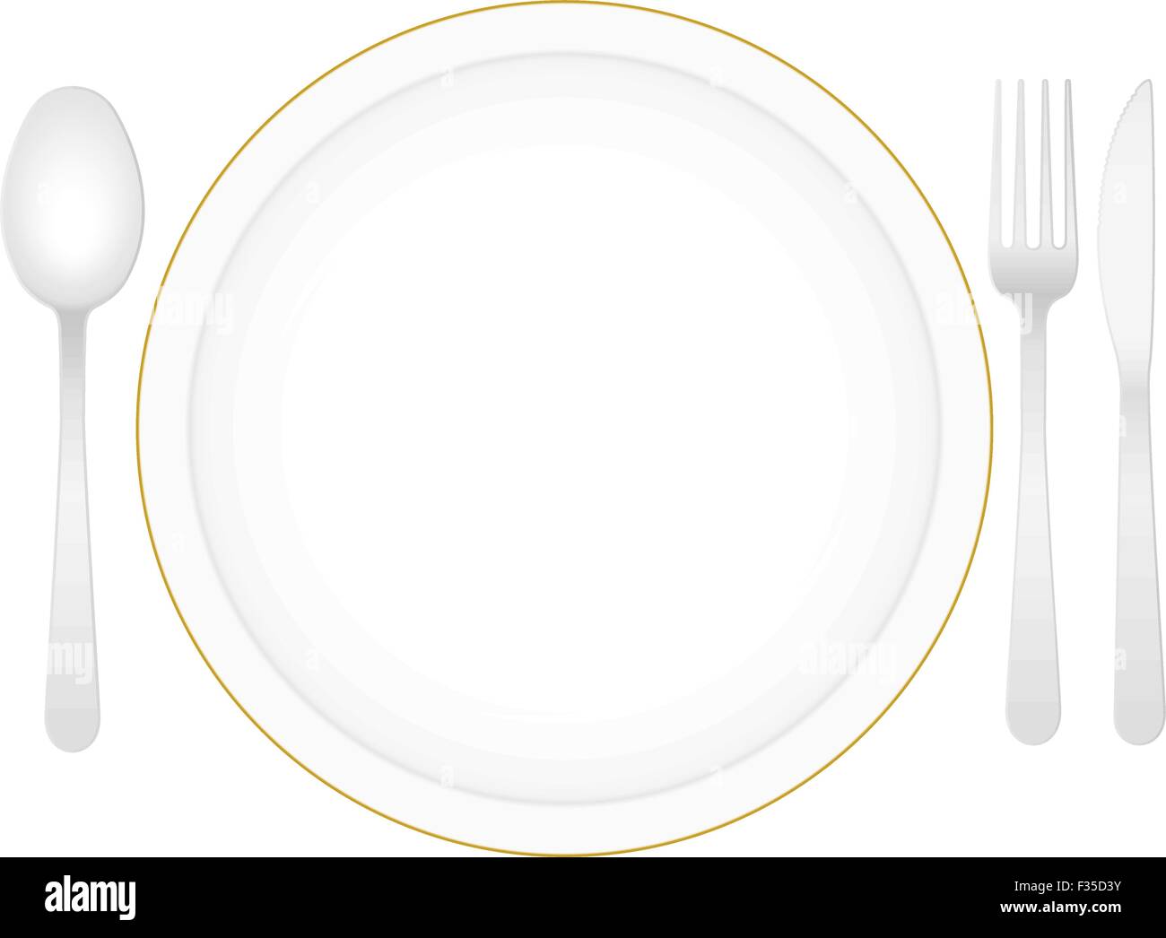 Empty white plate with knife, fork and spoon. Vector illustration. Stock Vector