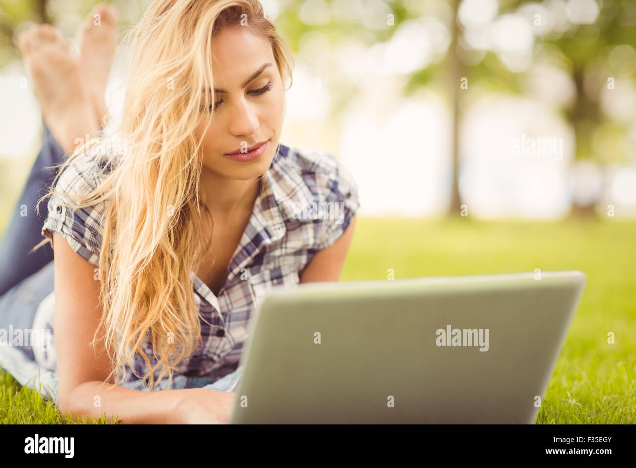 Woman using laptop while lying on front in grass Stock Photo - Alamy