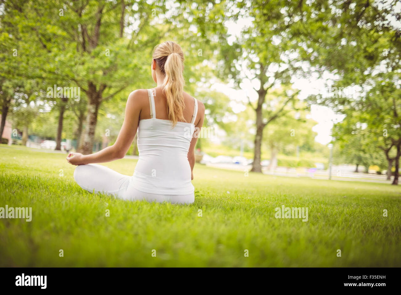 Rear view of woman meditating while sitting in lotus pose Stock Photo ...