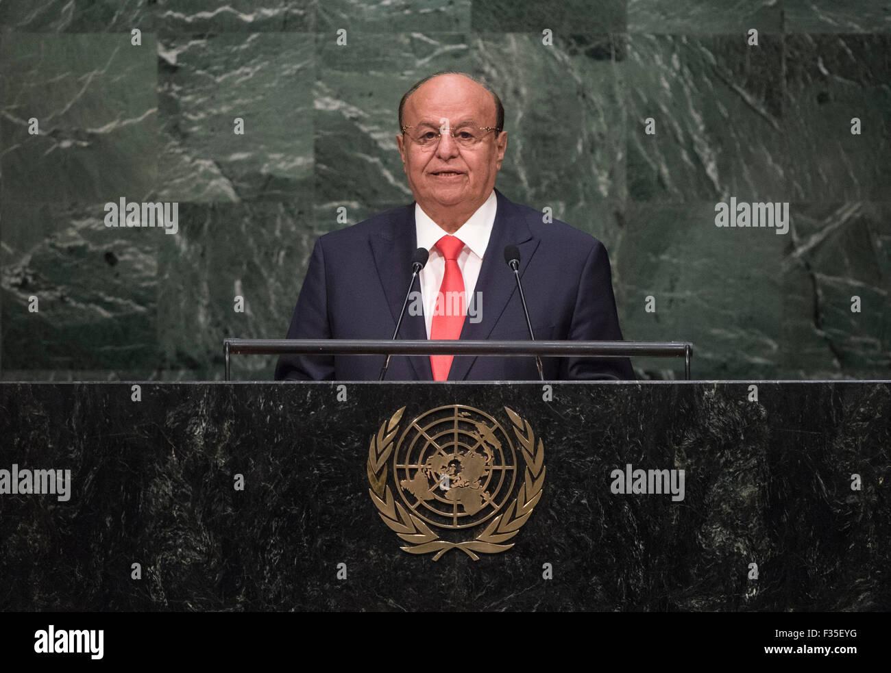 New York, NY, USA 29th Sep, 2015. Yemeni President Abd-Rabbu Mansour Hadi addresses the 70th session of the United Nations General Assembly at the United Nations headquarters in New York, on Sept. 29, 2015. Credit:  UN Photo/Cia Pak/Xinhua/Alamy Live News Stock Photo