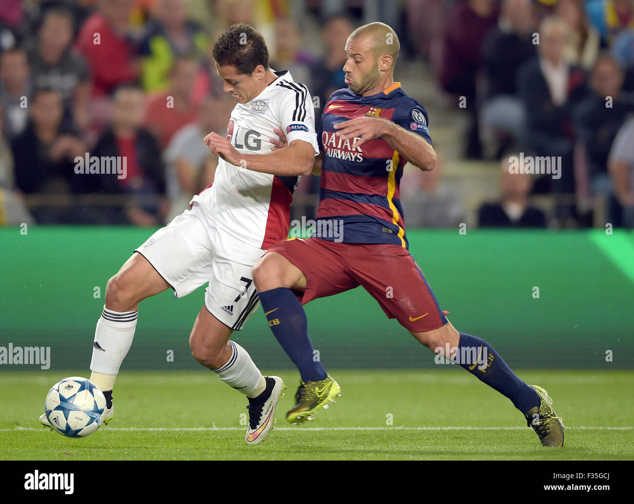 Barcelona, Spain. 29th Sep, 2015. Leverkusen?s Javier Hernández (L) and Barcelona?s Javier Mascherano vie for the ball during the UEFA Champions League Group E first leg soccer match between FC Barcelona and Bayer 04 Leverkusen at the Camp Nou in Barcelona, Spain, 29 September 2015. Photo: Federico Gambarini/dpa/Alamy Live News Stock Photo