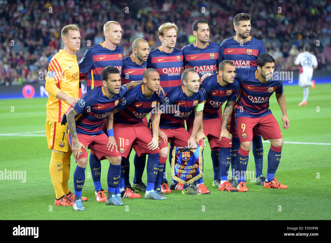 Barcelona, Spain. 29th Sep, 2015. The team of Barcelona prior the UEFA Champions  League Group E first leg soccer match between FC Barcelona and Bayer 04  Leverkusen at the Camp Nou in
