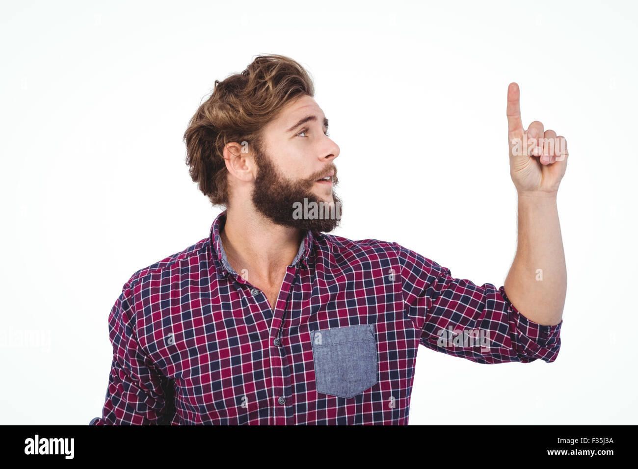 Hipster pointing upwards Stock Photo