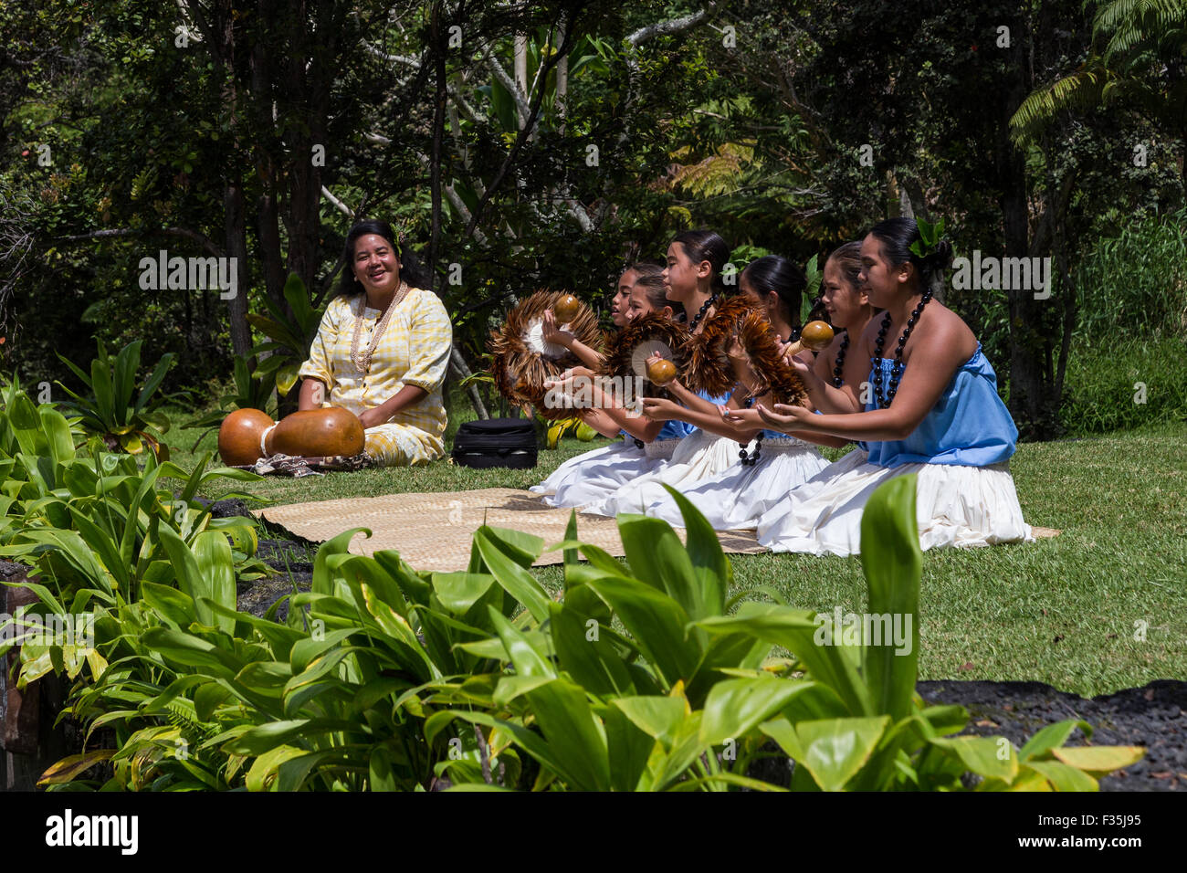 Hula is the traditional art of movement using smooth, flowing body gestures. Stock Photo