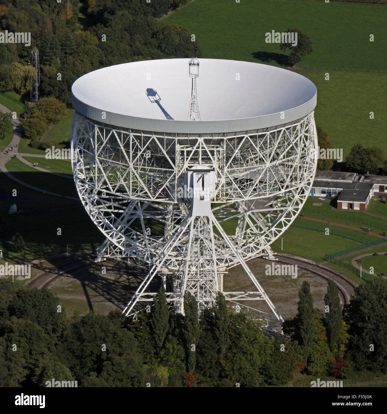aerial view of Jodrell Bank radio telescope, Cheshire, UK Stock Photo