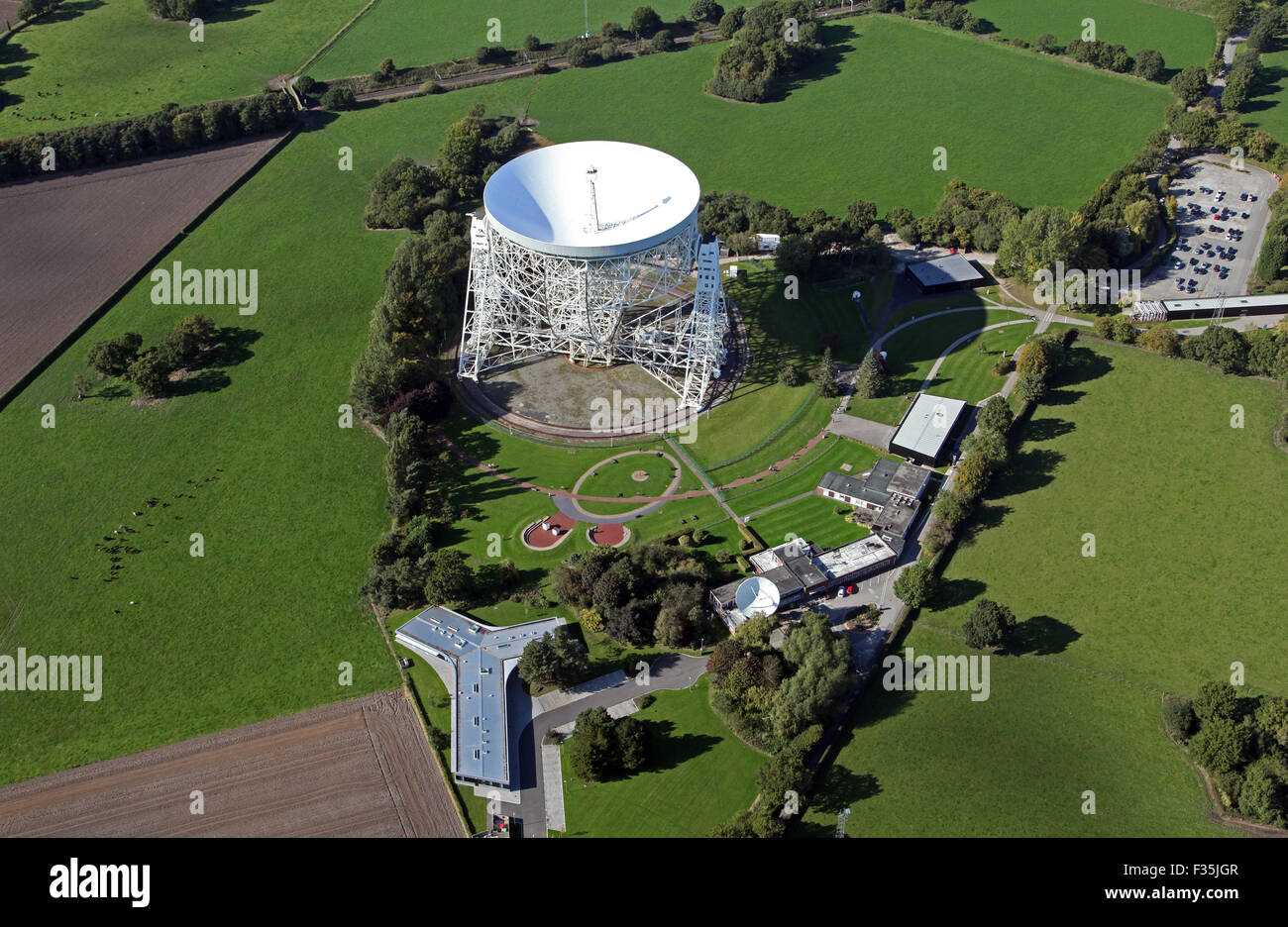 aerial view of Jodrell Bank radio telescope, Cheshire, UK Stock Photo