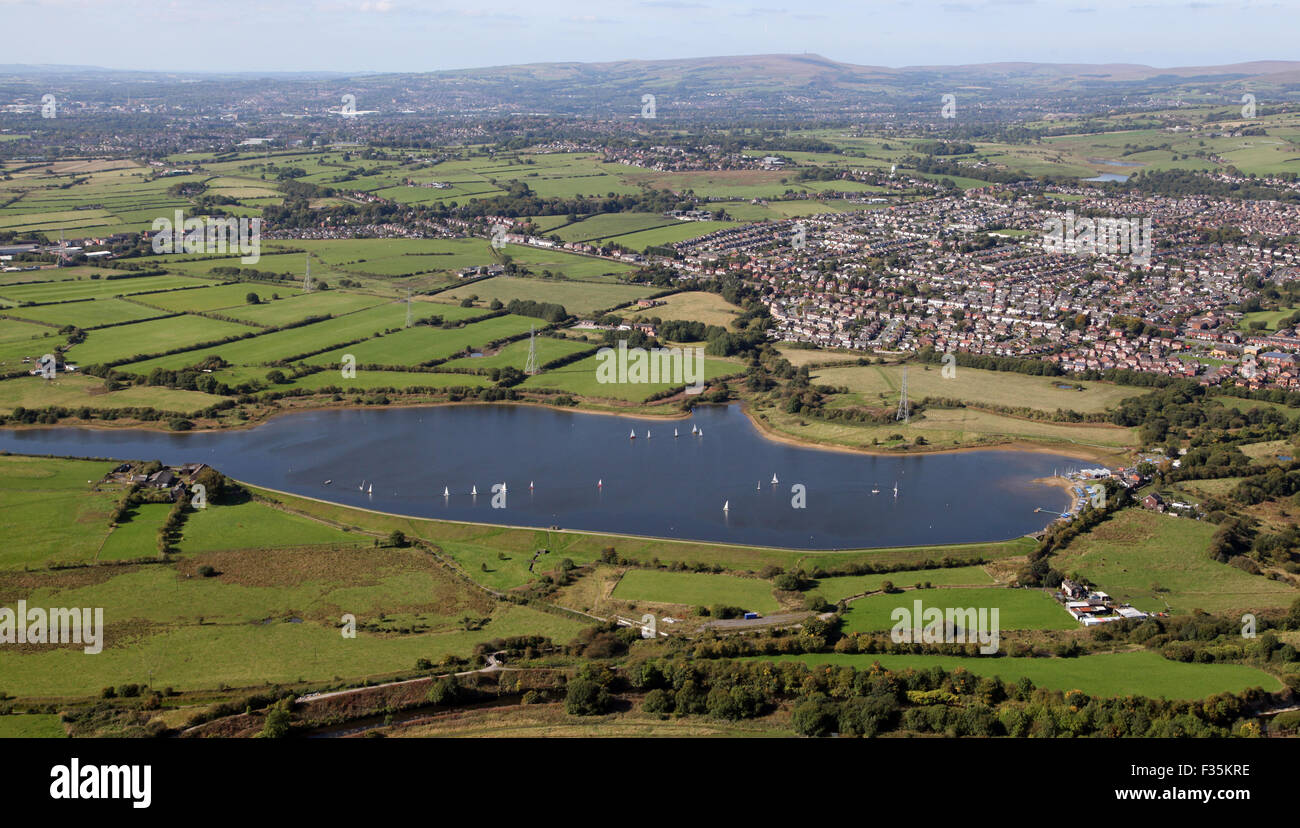 aerial view of Elton Sailing Club at Elton Reservoir near Bury, Lancashire, UK Stock Photo