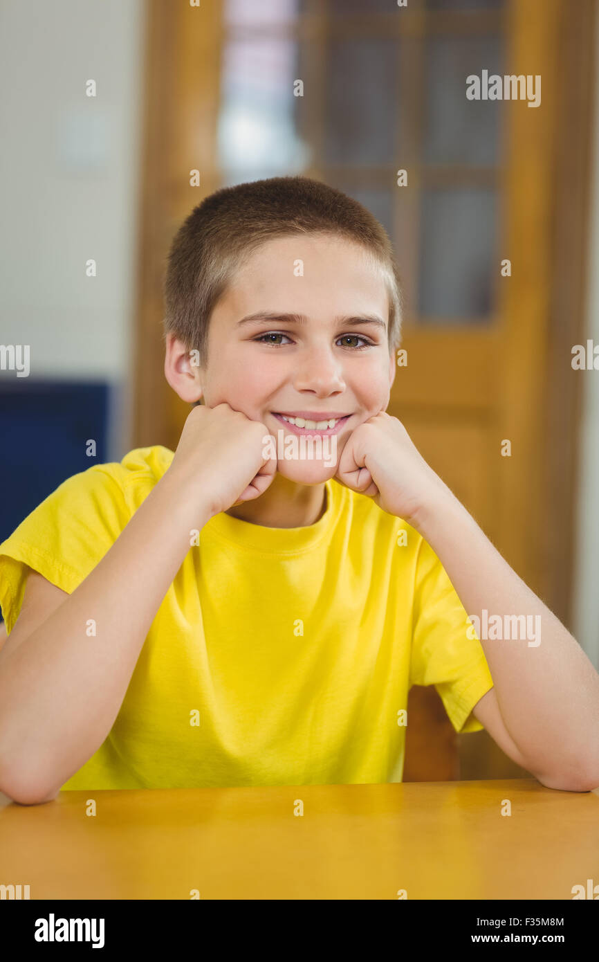 Smiling pupil sitting at his desk in a classroom Stock Photo - Alamy