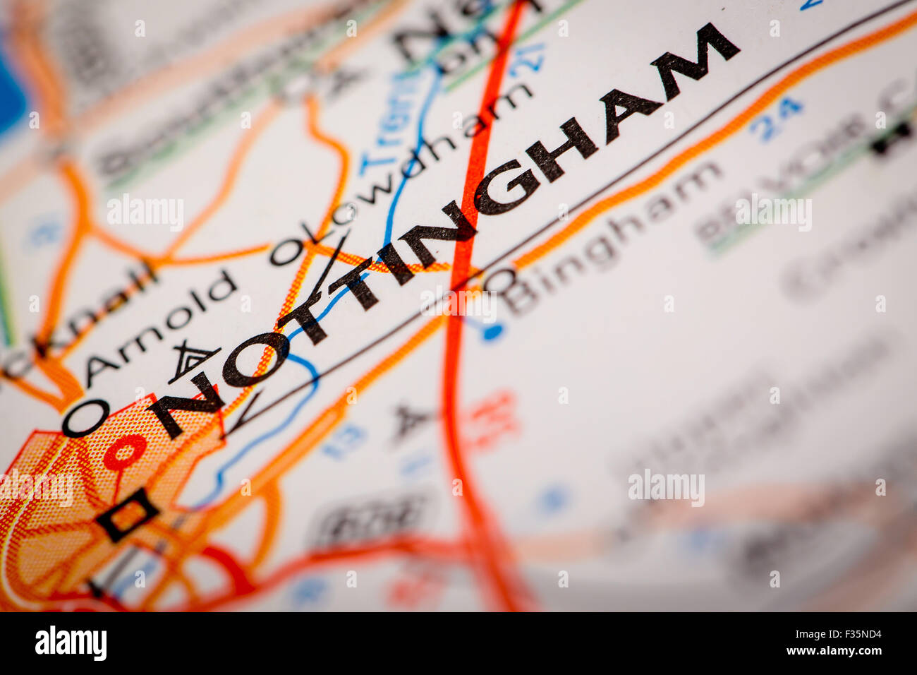 Map Photography: Nottingham City on a Road Map Stock Photo