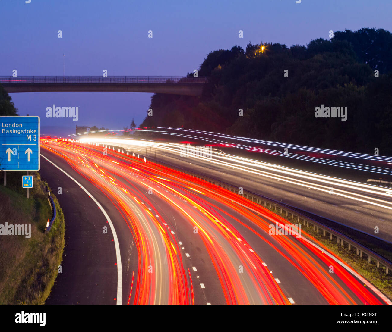 light trail of traffic on the M3 Motorway near Winchester, Hampshire