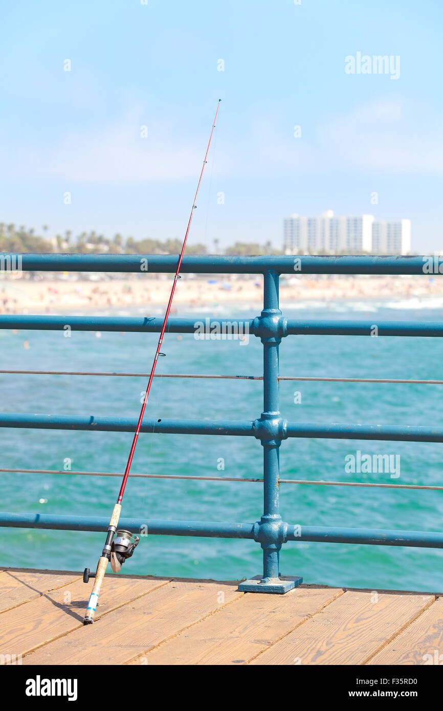 Fishing rod on pier, Santa Monica, USA. Stock Photo