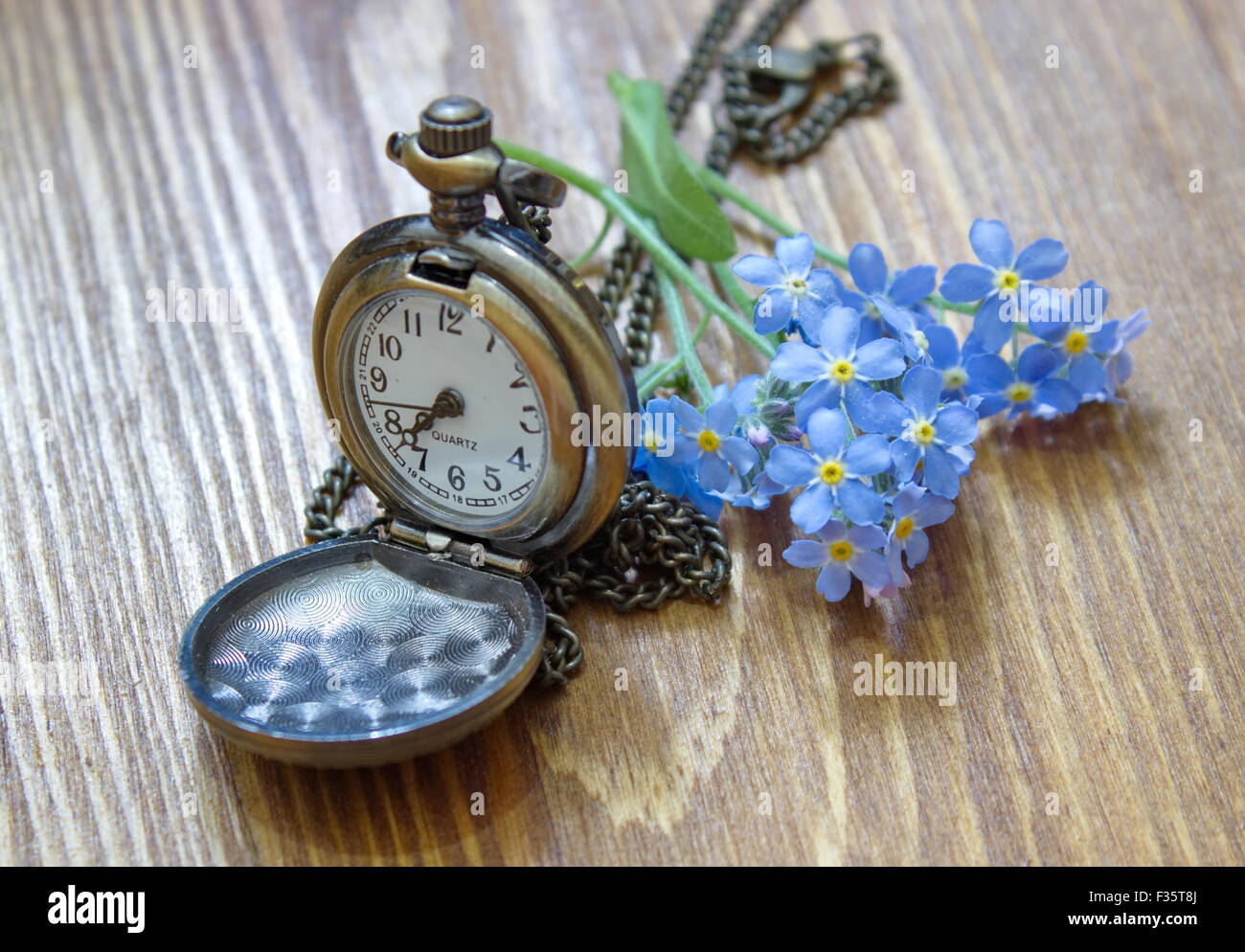 retro pocket watch with forget me nots lying on the wooden table Stock Photo
