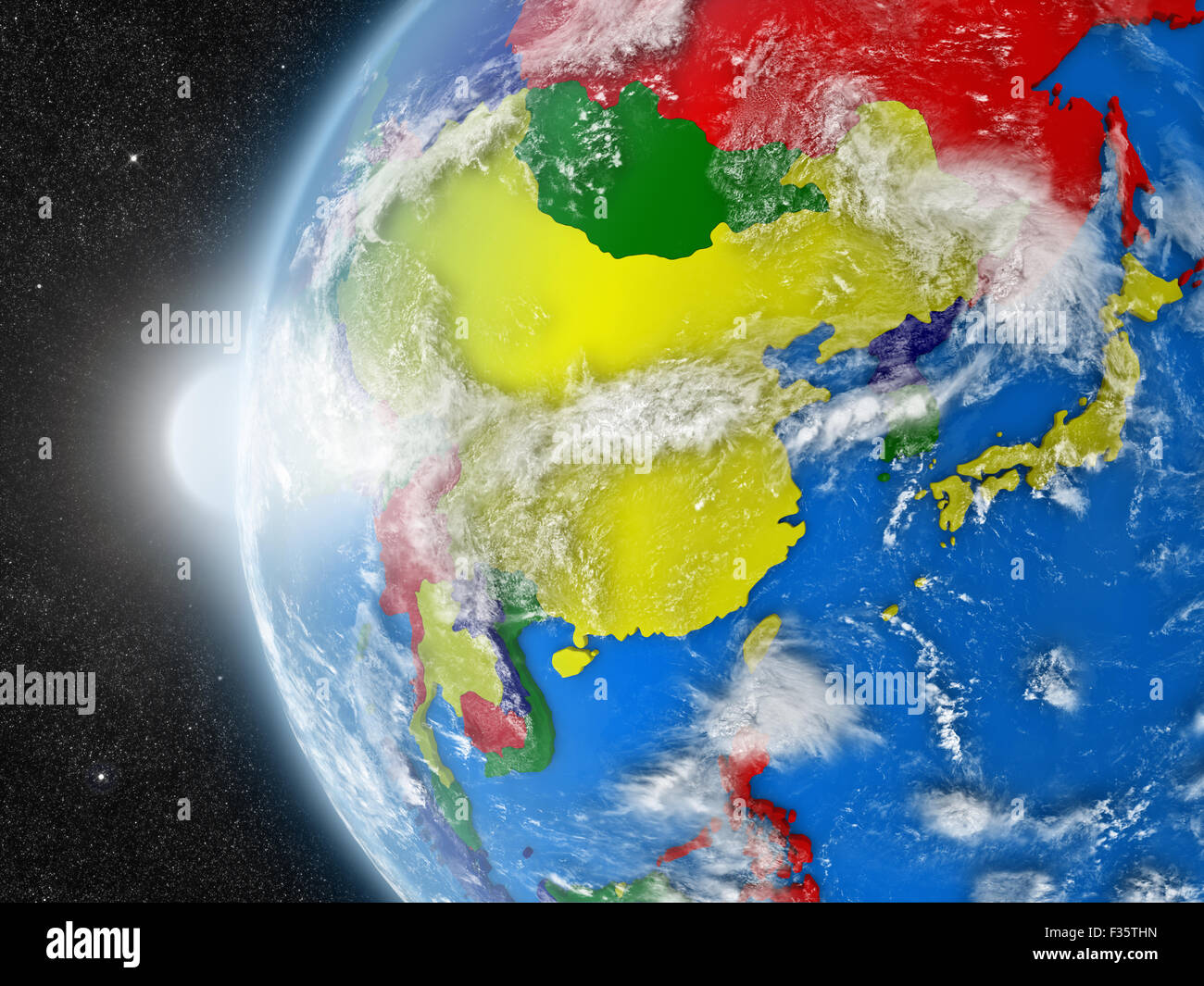 Concept of planet Earth as seen from space but with political borders aimed at east Asia region Stock Photo