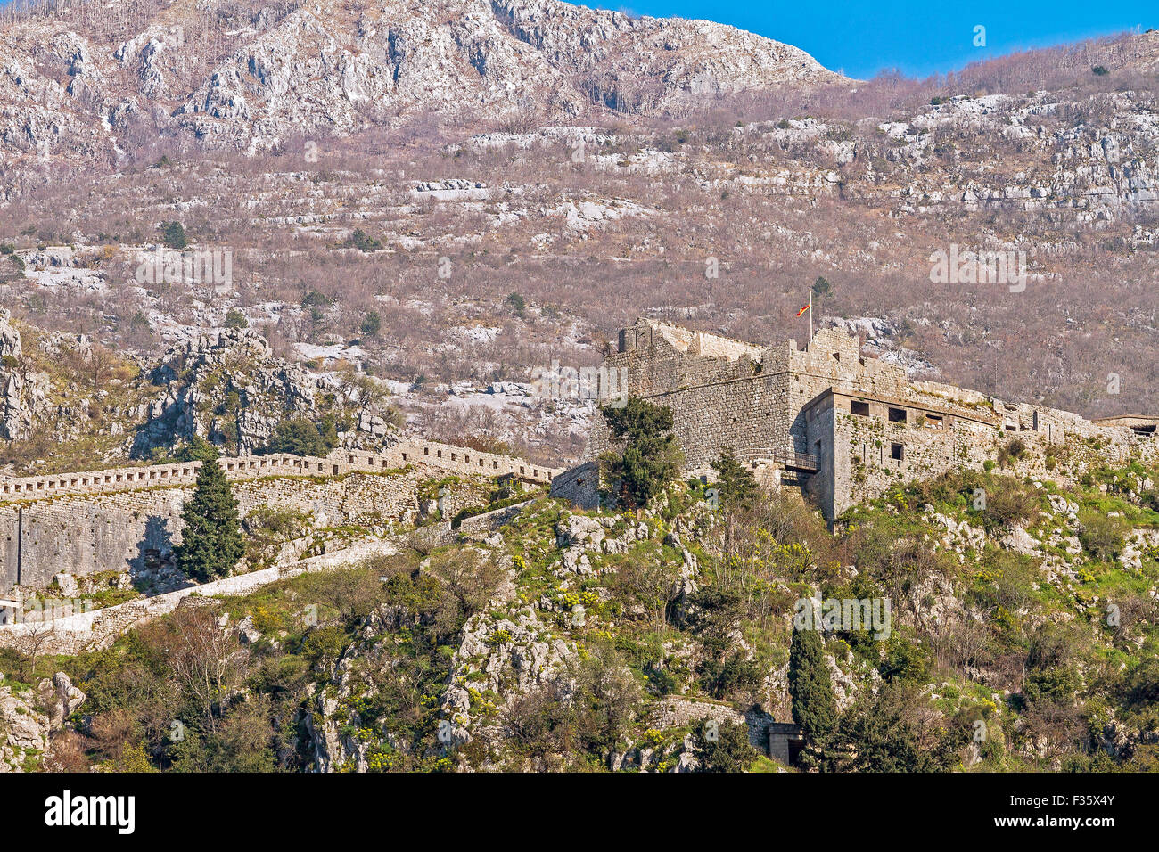 Castle On The Mountain Top Kotor Montenegro Stock Photo