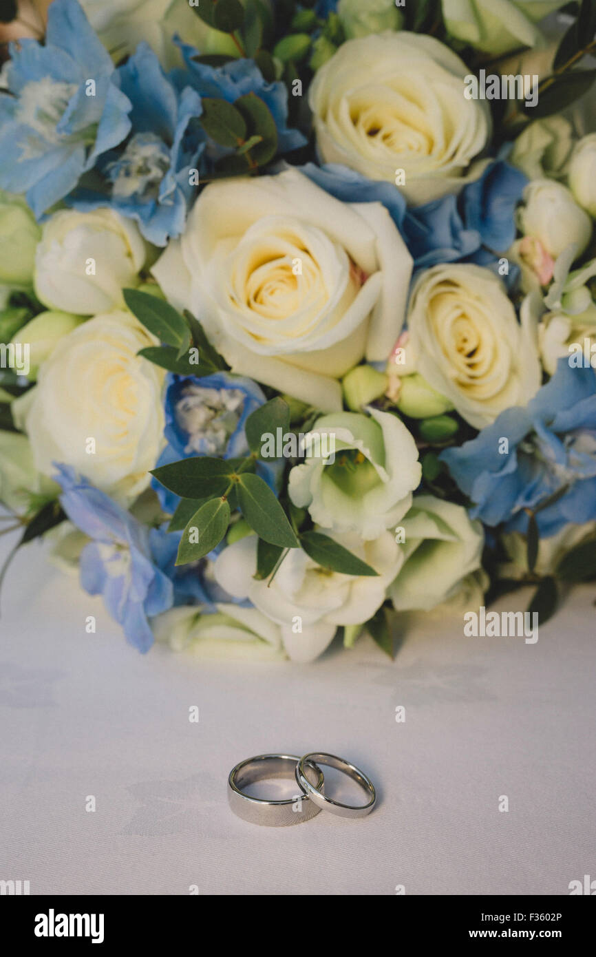 Wedding Rings with Flowers Stock Photo