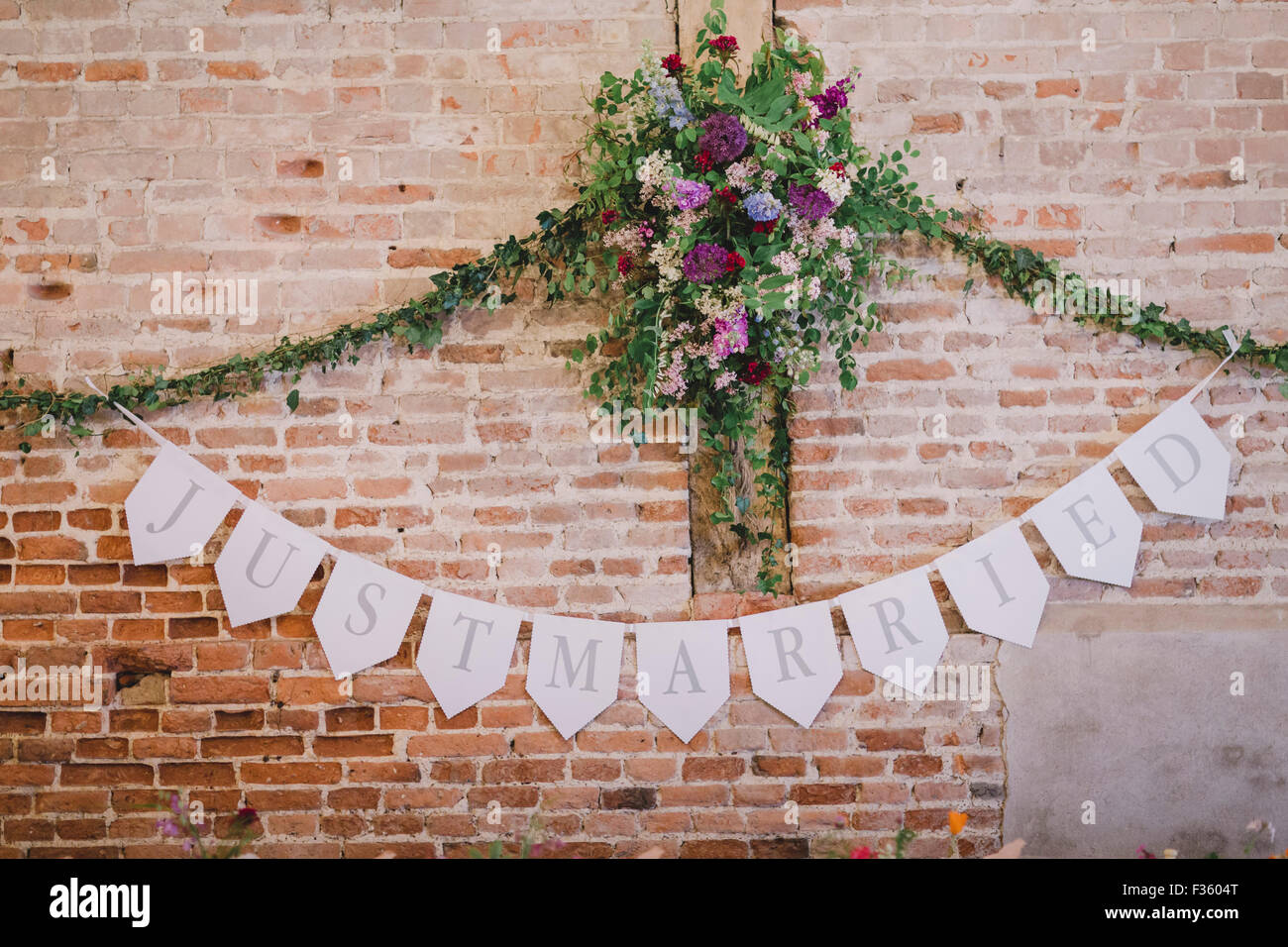 Just Married Bunting Barn Rustic Inspiration Stock Photo