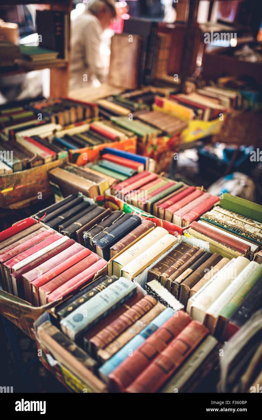 Old books at flea market Stock Photo