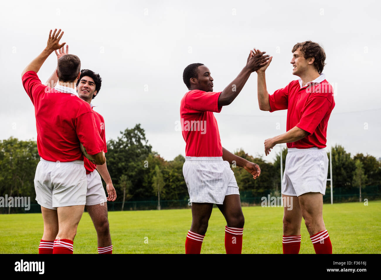 Rugby players celebrating a win Stock Photo - Alamy