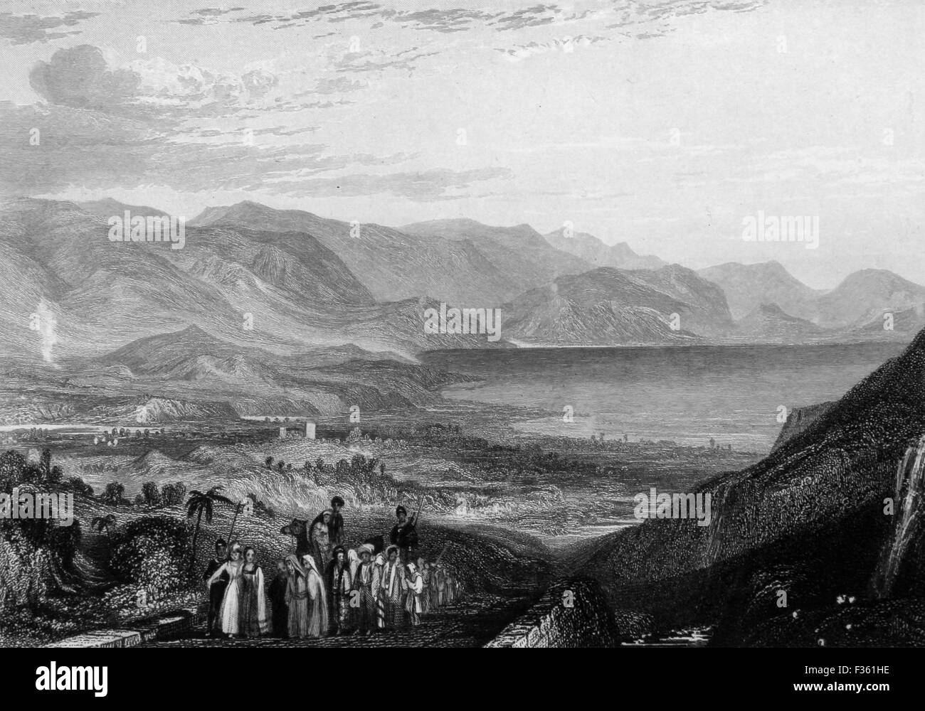 The Dead Sea, Jericho and the Mouth of the Jordan River. Black and White Illustration from Landscapes of the Bible Stock Photo